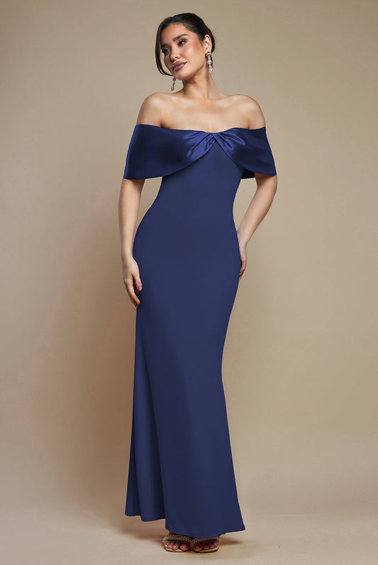Goddiva Twist Knot Satin & Scuba Bardot Maxi Dress