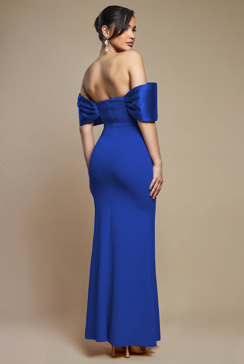 Goddiva Twist Knot Satin & Scuba Bardot Maxi Dress