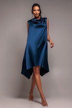 Cowl Neck Back Wing Satin High Low Midi Dress - Navy Blue by Goddiva - DR4608