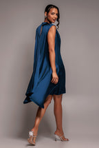 Cowl Neck Back Wing Satin High Low Midi Dress - Navy Blue by Goddiva - DR4608