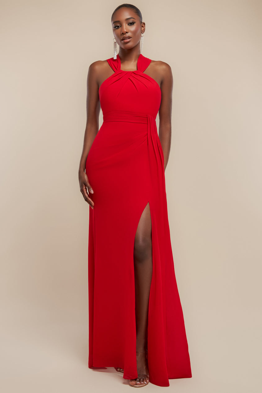 Goddiva Halterneck Thigh Split Chiffon Maxi Dress