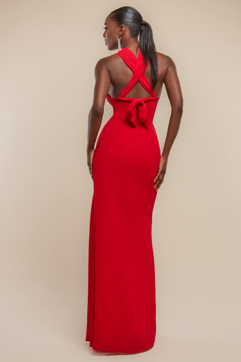 Goddiva Halterneck Thigh Split Chiffon Maxi Dress