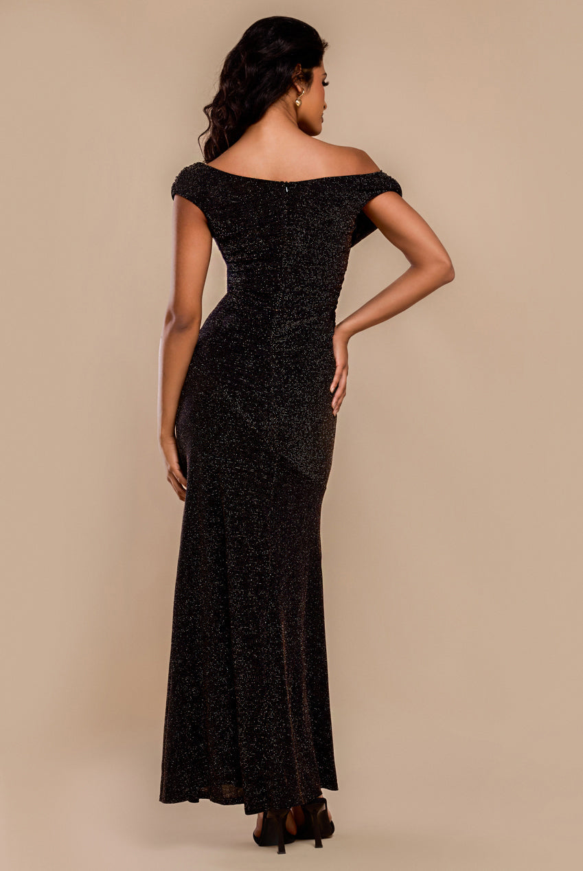 Goddiva Sparkle Lurex Cowl Neck Off The Shoulder Maxi Dress