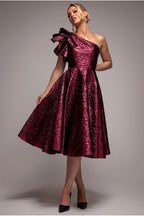 One Shoulder Frill Jacquard Skater Midi Dress - Burgundy Red by Goddiva - DR4811