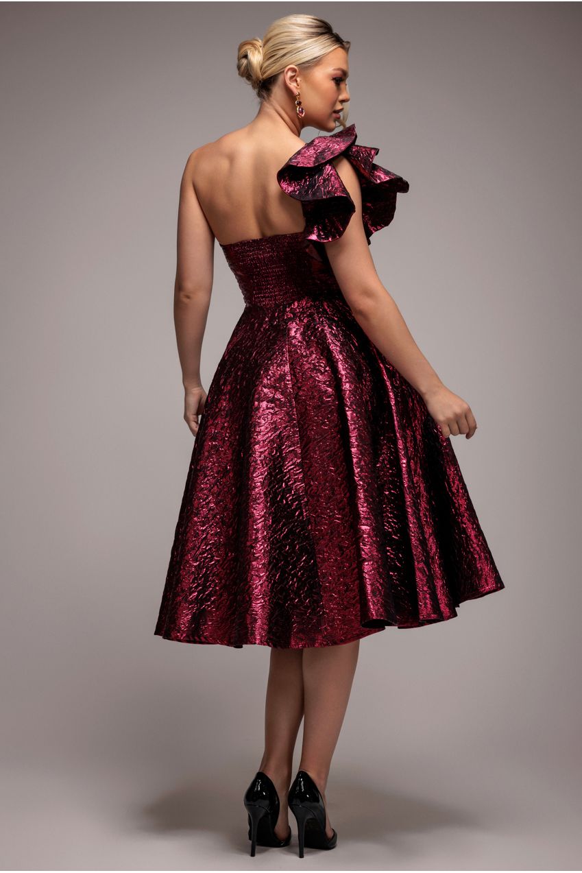 One Shoulder Frill Jacquard Skater Midi Dress - Burgundy Red by Goddiva - DR4811