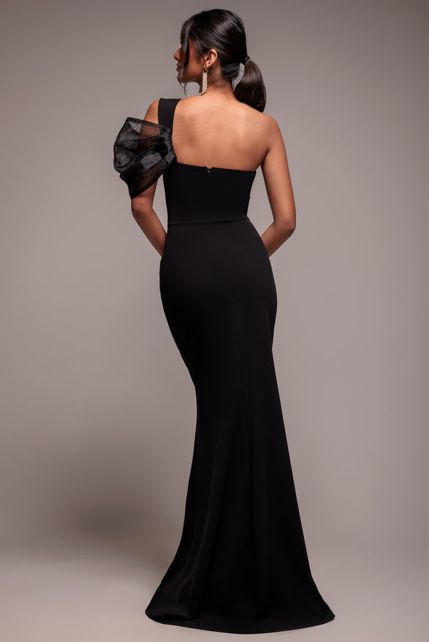Goddiva Organza Bow One Shoulder Scuba Crepe Maxi Dress