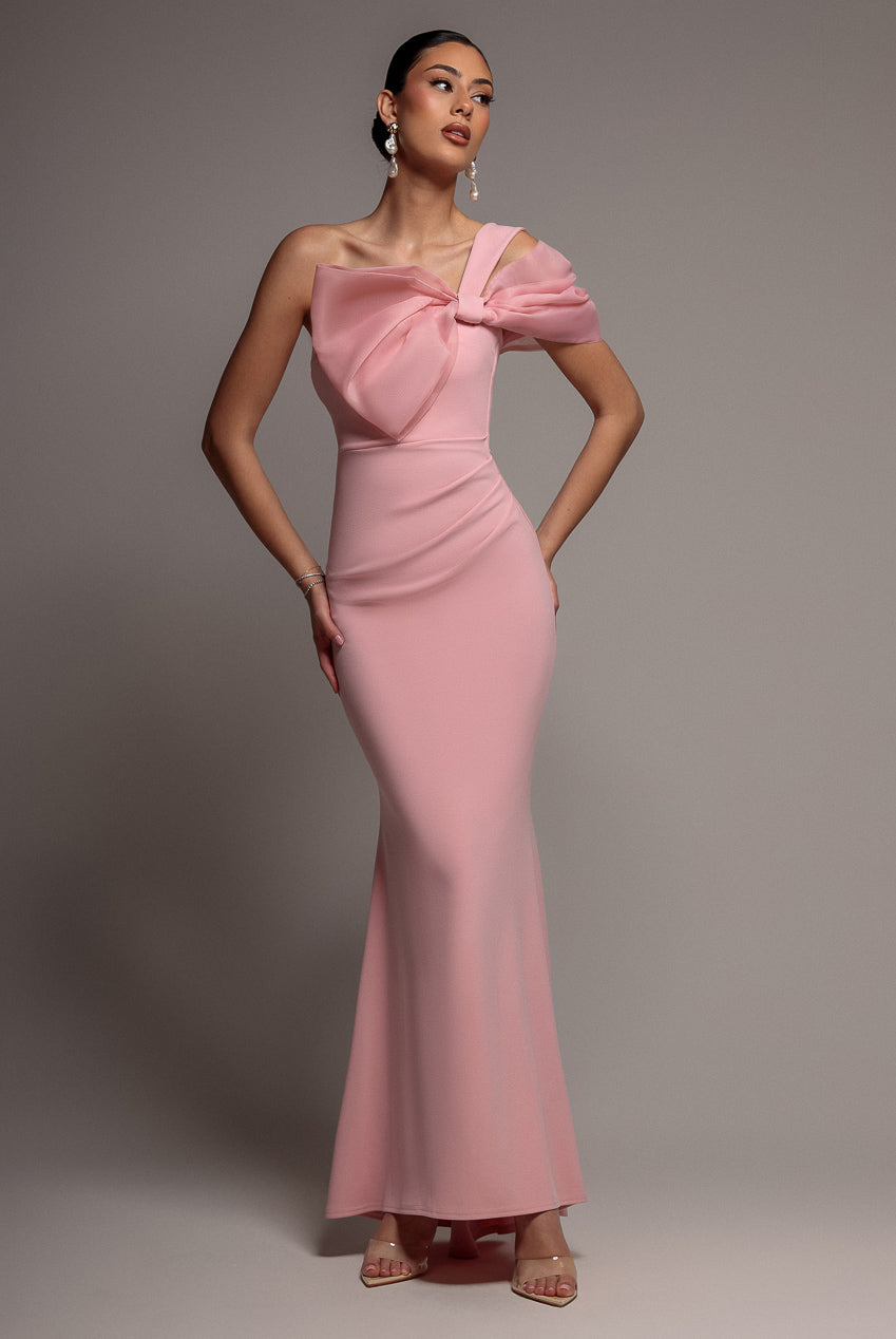 Goddiva Organza Bow One Shoulder Scuba Crepe Maxi Dress
