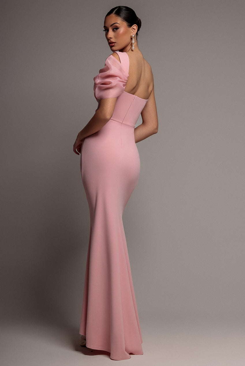 Goddiva Organza Bow One Shoulder Scuba Crepe Maxi Dress