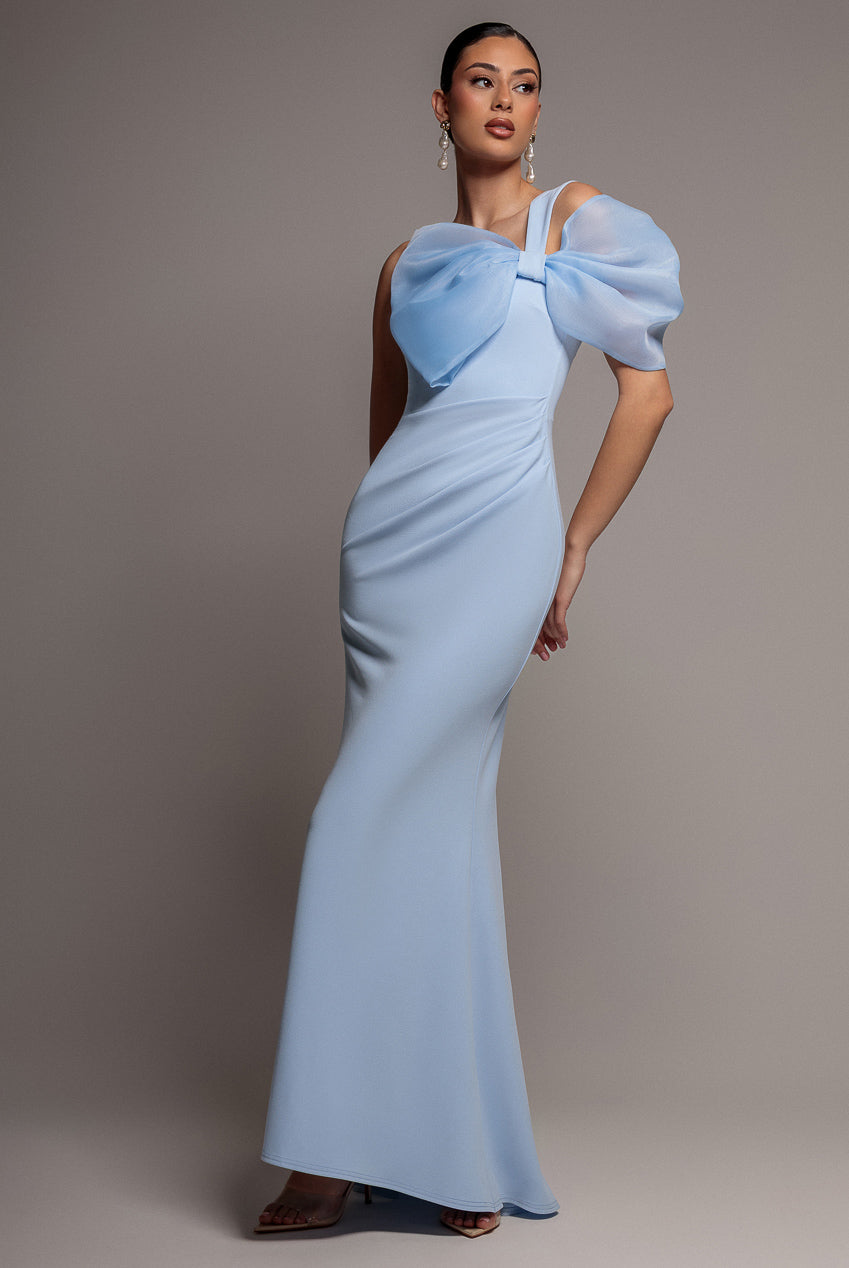Goddiva Organza Bow One Shoulder Scuba Crepe Maxi Dress