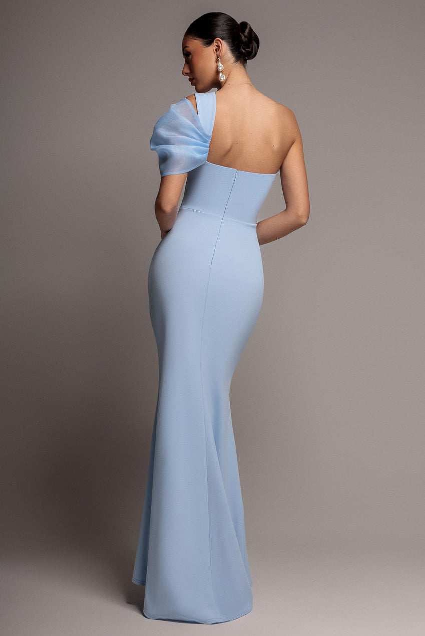 Goddiva Organza Bow One Shoulder Scuba Crepe Maxi Dress