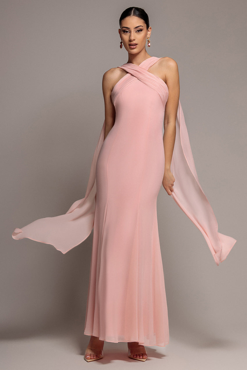 Goddiva CROSS FRONT SCARF BACK CHIFFON MERMAID MAXI DRESS BY GODDIVA
