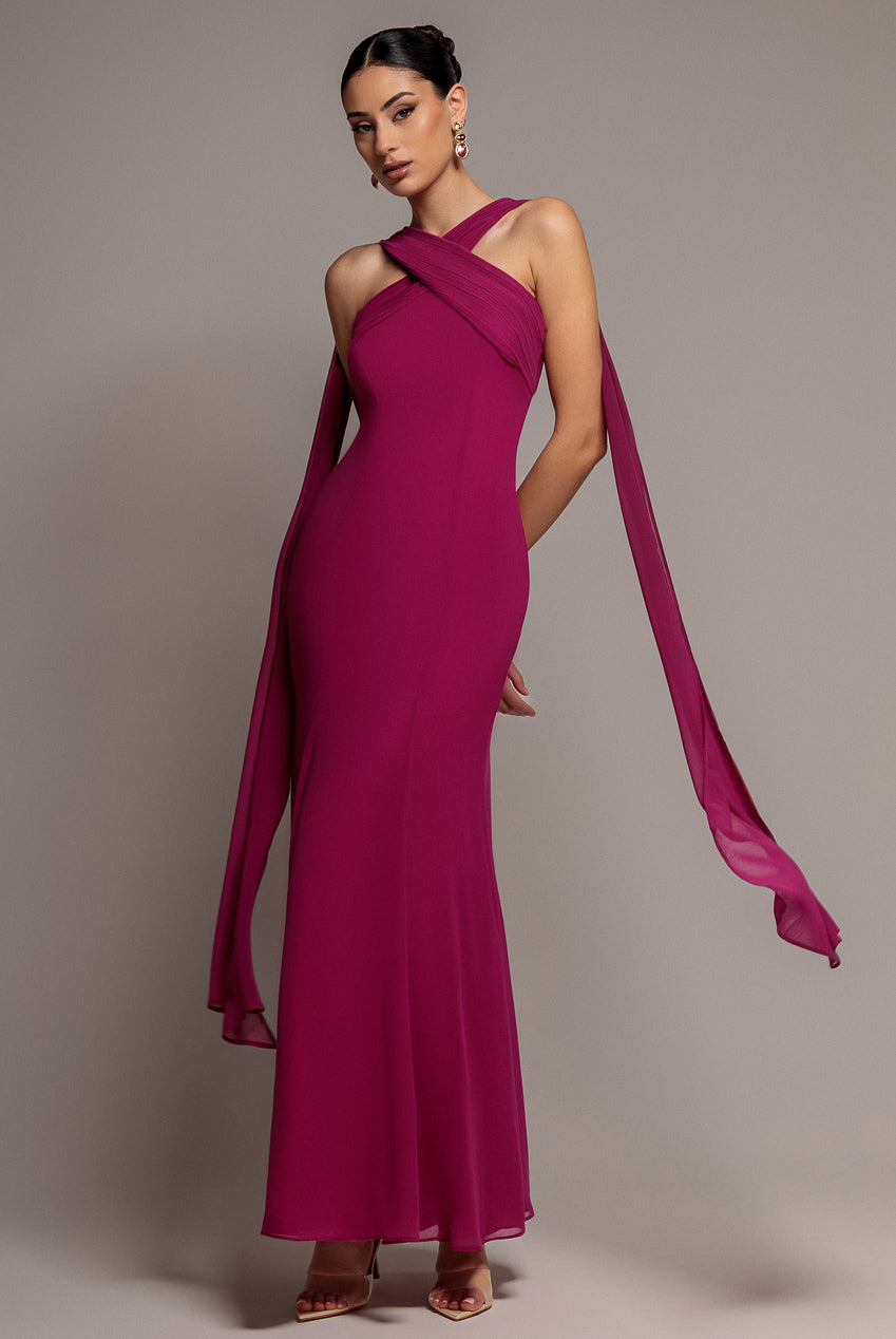 Goddiva CROSS FRONT SCARF BACK CHIFFON MERMAID MAXI DRESS BY GODDIVA