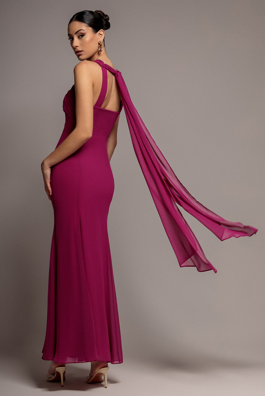 Goddiva CROSS FRONT SCARF BACK CHIFFON MERMAID MAXI DRESS BY GODDIVA
