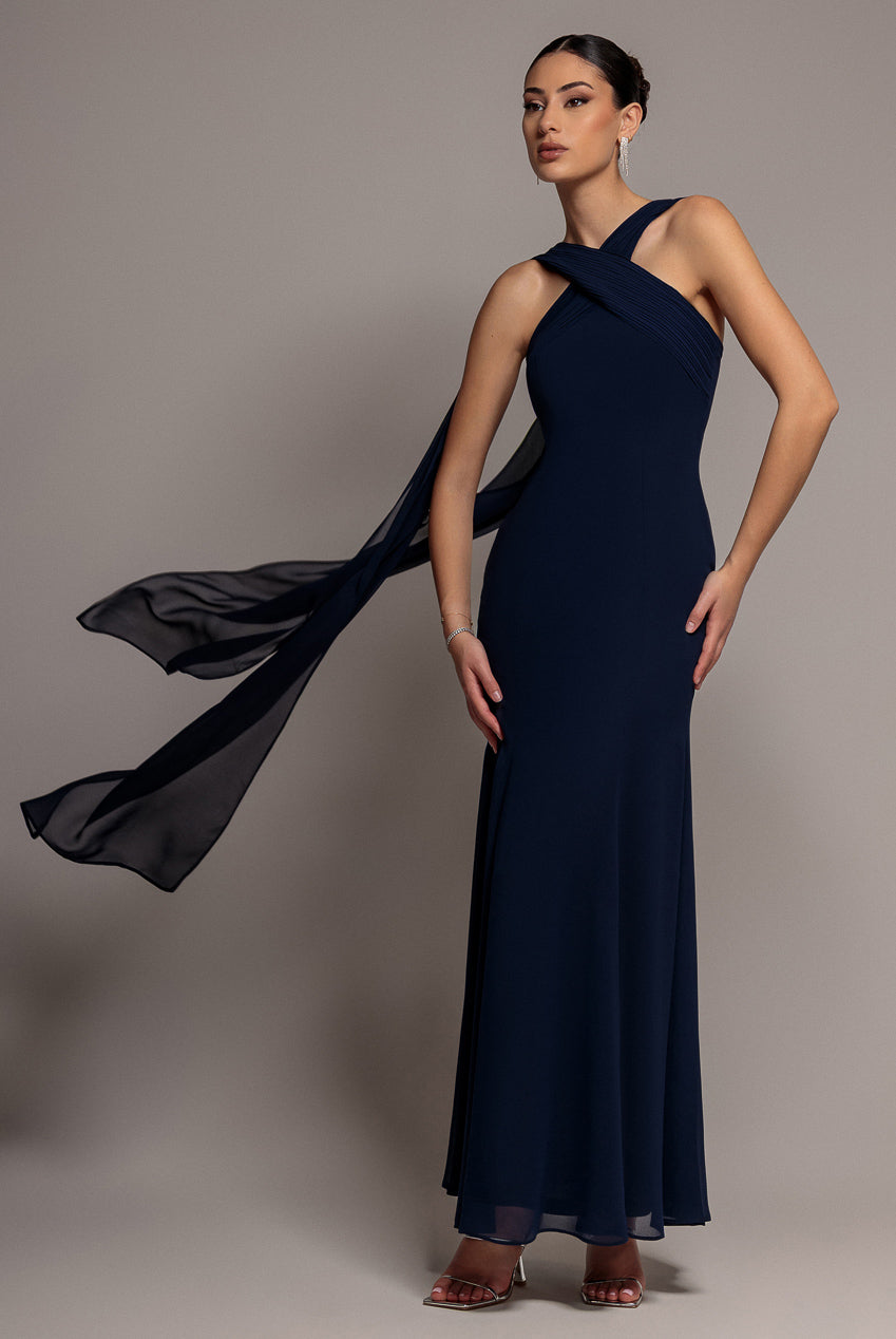 Goddiva CROSS FRONT SCARF BACK CHIFFON MERMAID MAXI DRESS BY GODDIVA