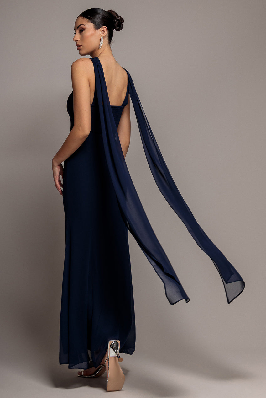 Goddiva CROSS FRONT SCARF BACK CHIFFON MERMAID MAXI DRESS BY GODDIVA