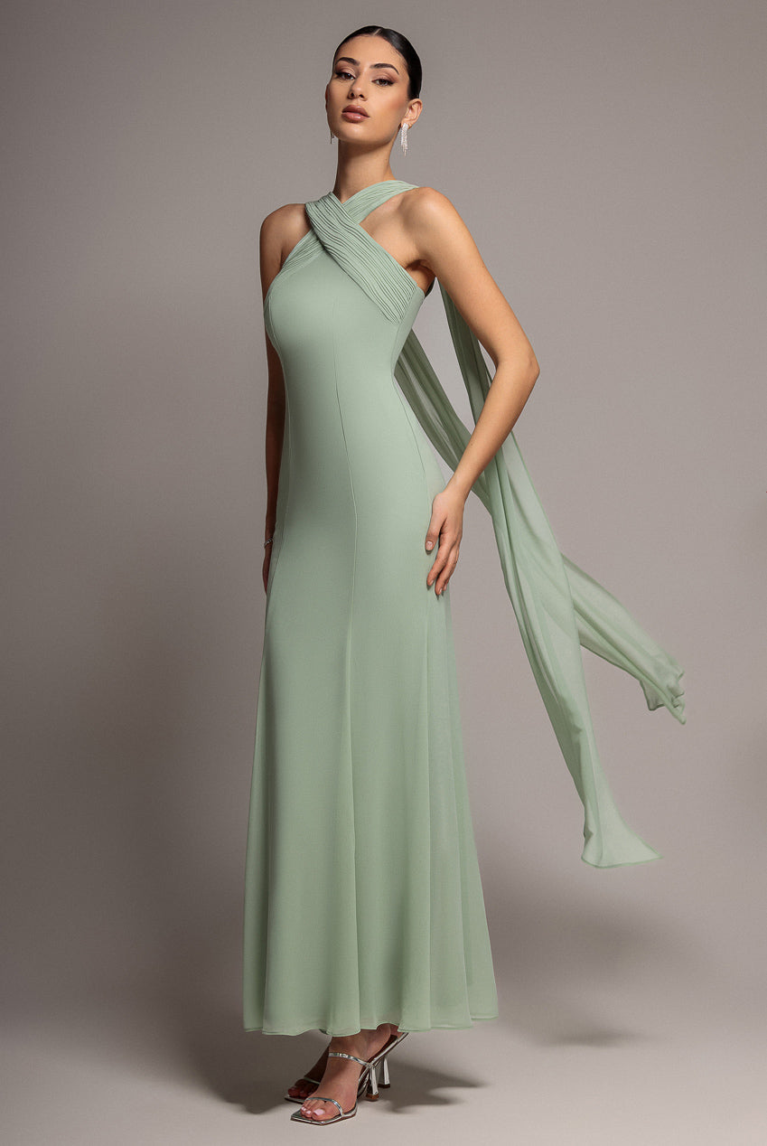 Goddiva CROSS FRONT SCARF BACK CHIFFON MERMAID MAXI DRESS BY GODDIVA