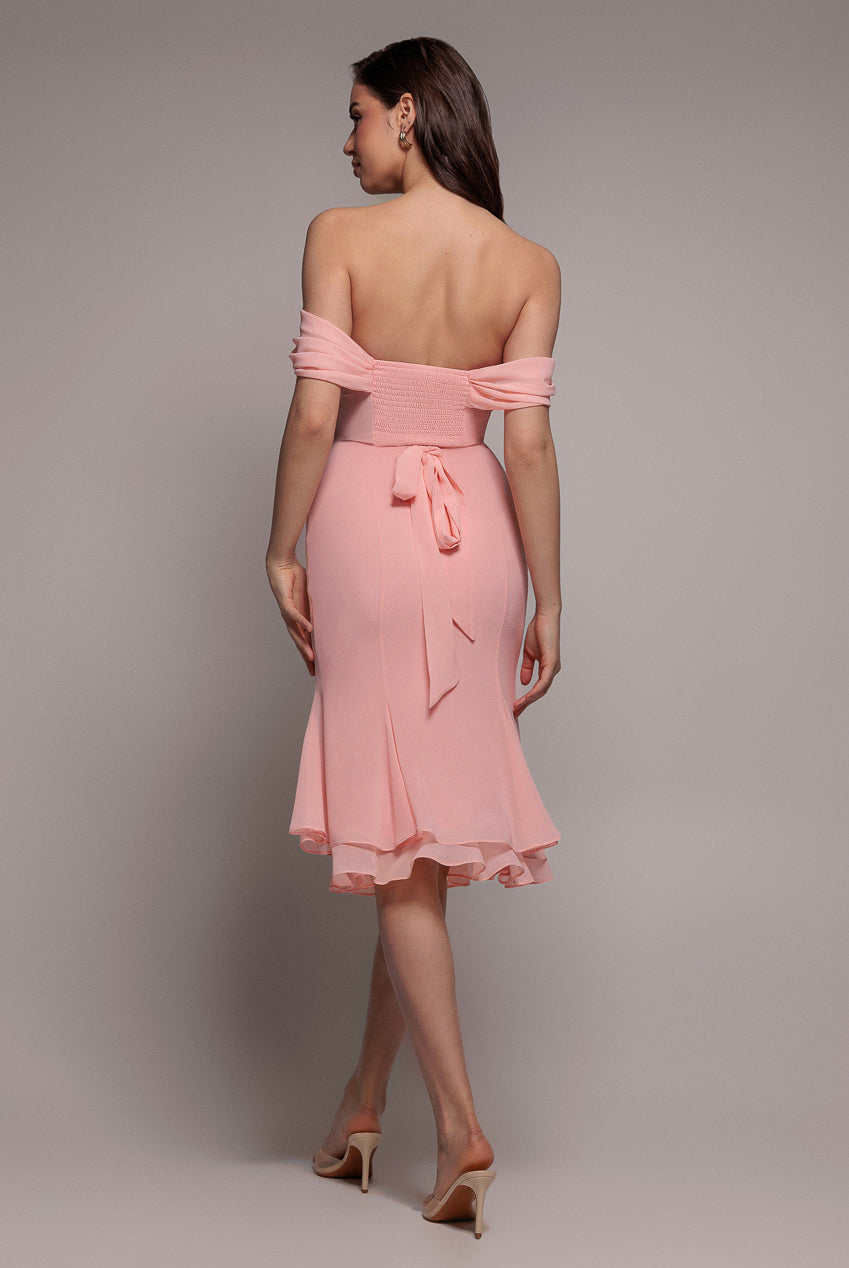 Goddiva Chiffon Cowl Off Shoulder Wing Tiered Midi Dress