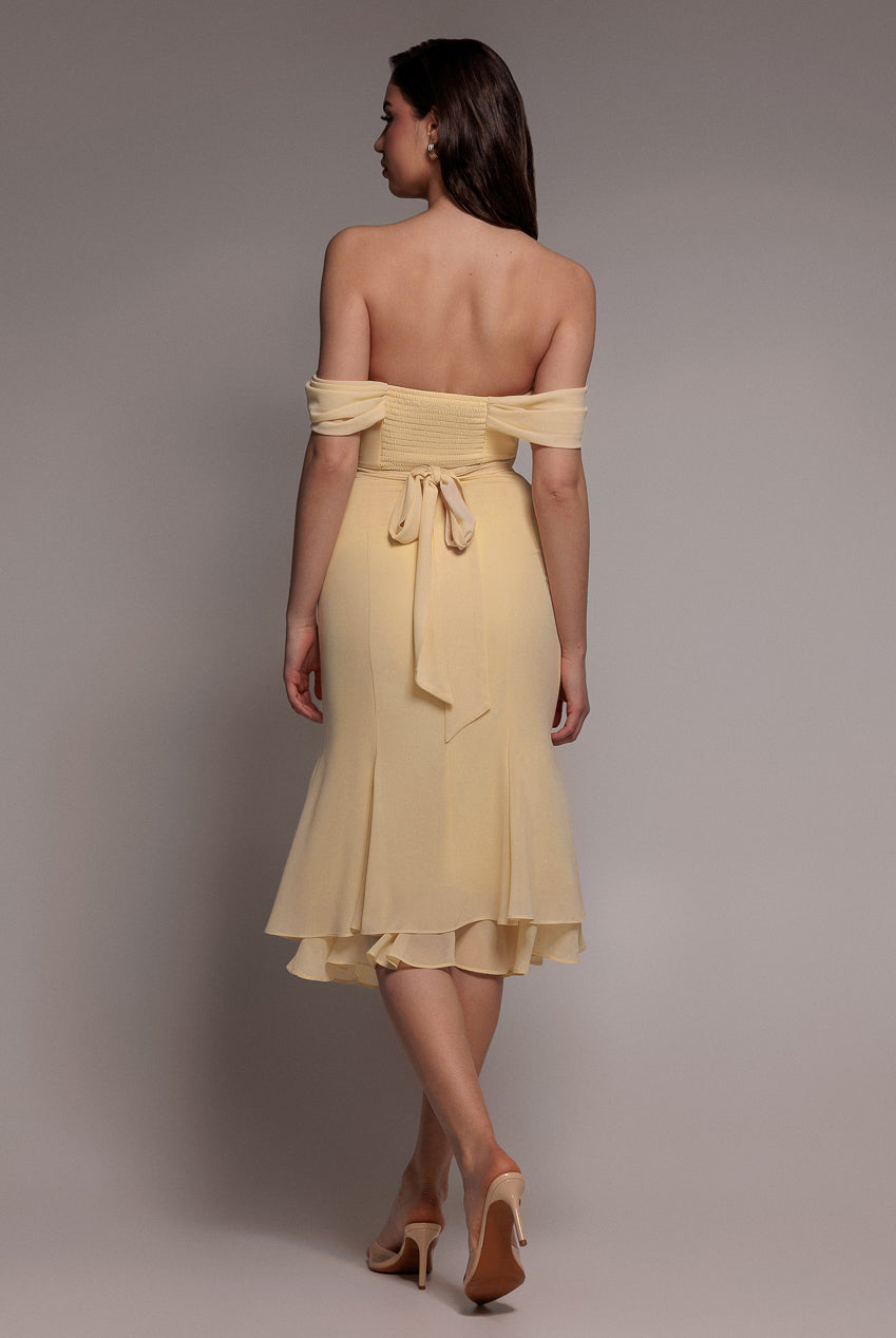 Goddiva Chiffon Cowl Off Shoulder Wing Tiered Midi Dress