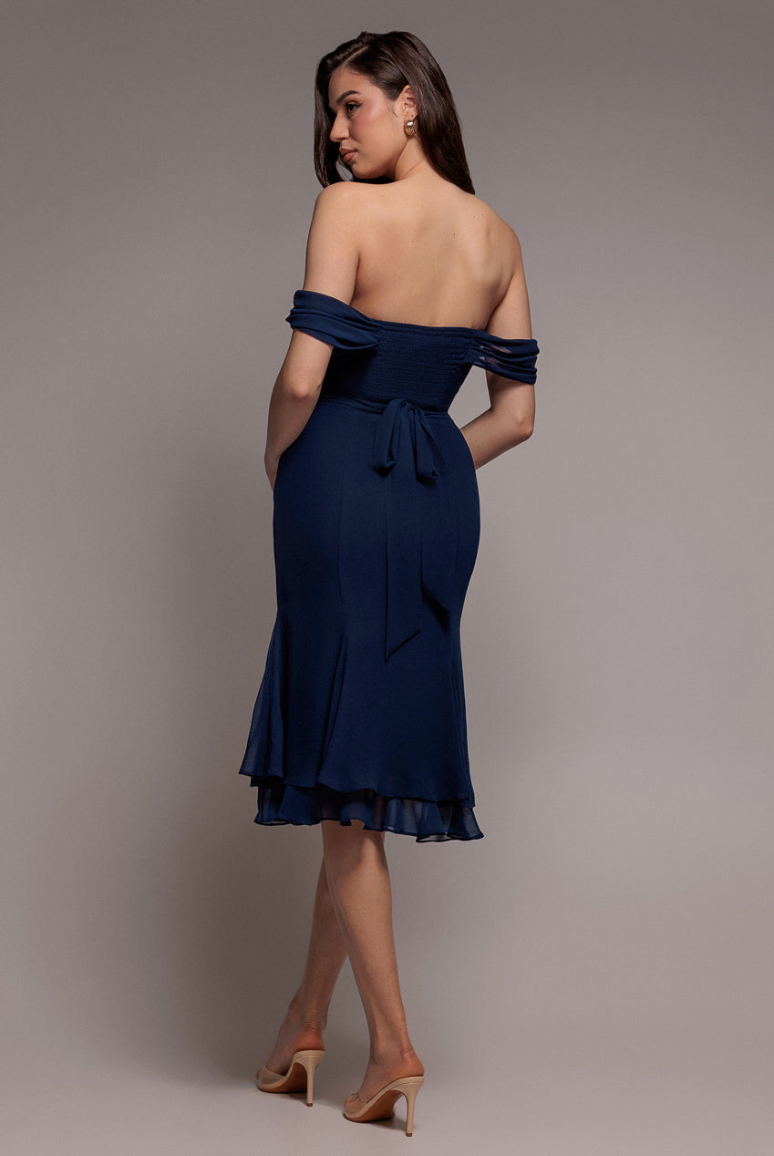 Goddiva Chiffon Cowl Off Shoulder Wing Tiered Midi Dress