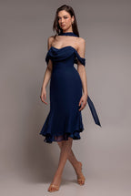 Goddiva Chiffon Cowl Off Shoulder Wing Tiered Midi Dress