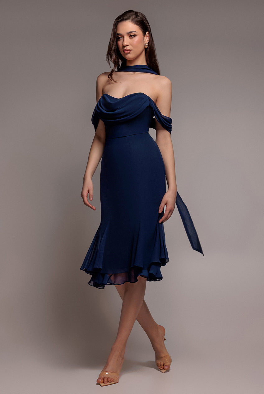 Goddiva Chiffon Cowl Off Shoulder Wing Tiered Midi Dress