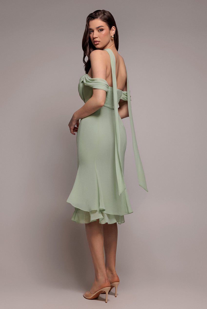 Goddiva Chiffon Cowl Off Shoulder Wing Tiered Midi Dress