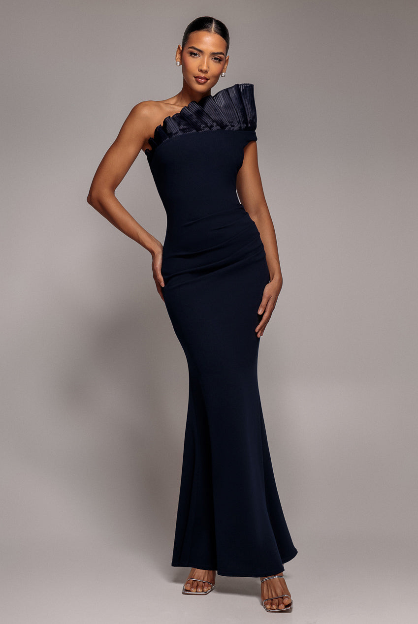 Goddiva ONE SHOULDER ORGANZA FRILL PLEATED MERMAID MAXI DRESS BY GODDIVA