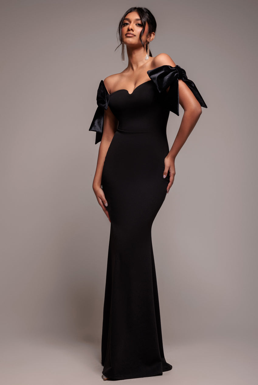 Goddiva Scuba Off The Shoulder Velvet Bow Maxi Dress