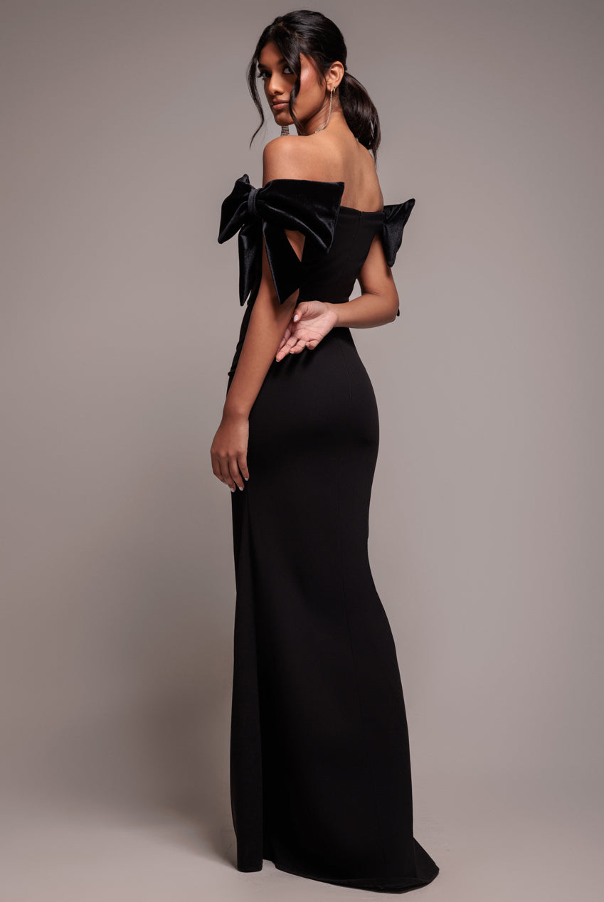 Goddiva Scuba Off The Shoulder Velvet Bow Maxi Dress