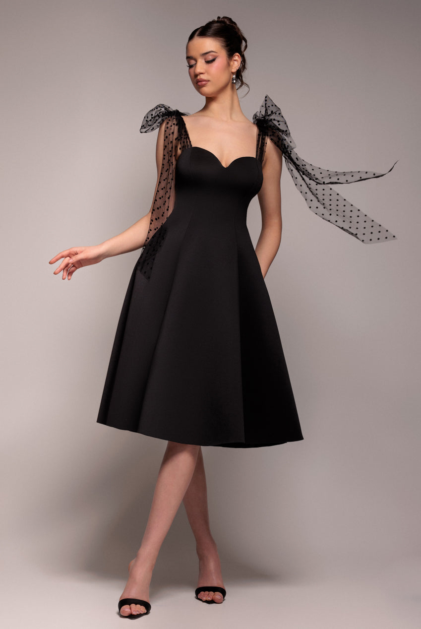Goddiva SCUBA & POLKA MESH BELLA BOW MULTIWAY A-LINE MIDI DRESS