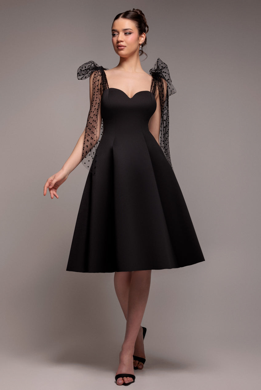 Goddiva SCUBA & POLKA MESH BELLA BOW MULTIWAY A-LINE MIDI DRESS