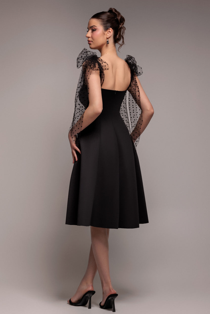 Goddiva SCUBA & POLKA MESH BELLA BOW MULTIWAY A-LINE MIDI DRESS