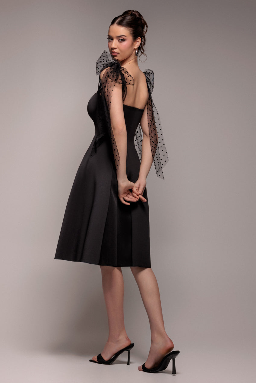Goddiva SCUBA & POLKA MESH BELLA BOW MULTIWAY A-LINE MIDI DRESS