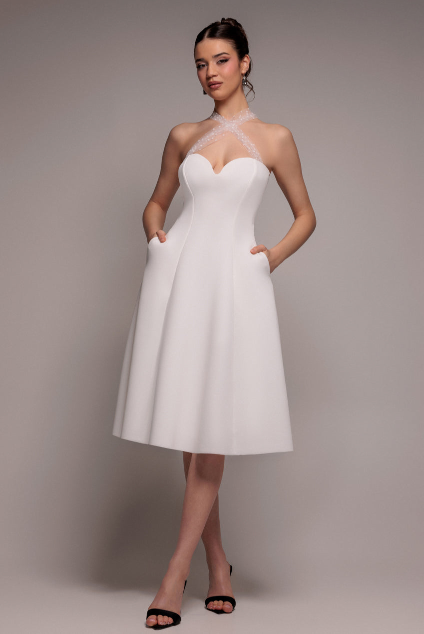 Goddiva SCUBA & POLKA MESH BELLA BOW MULTIWAY A-LINE MIDI DRESS