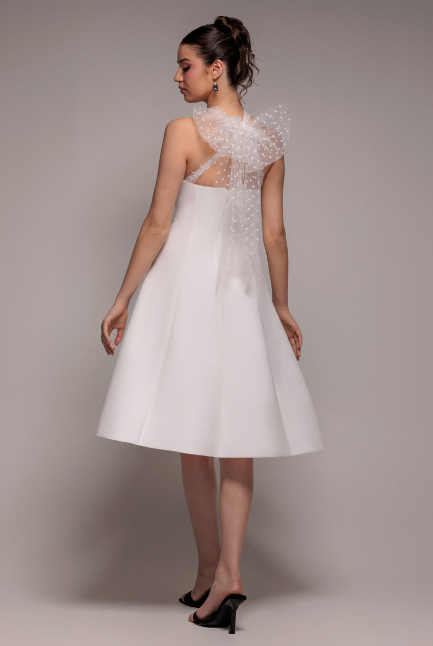 Goddiva SCUBA & POLKA MESH BELLA BOW MULTIWAY A-LINE MIDI DRESS