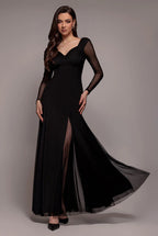 Goddiva DOBBY MESH INSERT LONG SLEEVE A-LINE MAXI DRESS BY GODDIVA