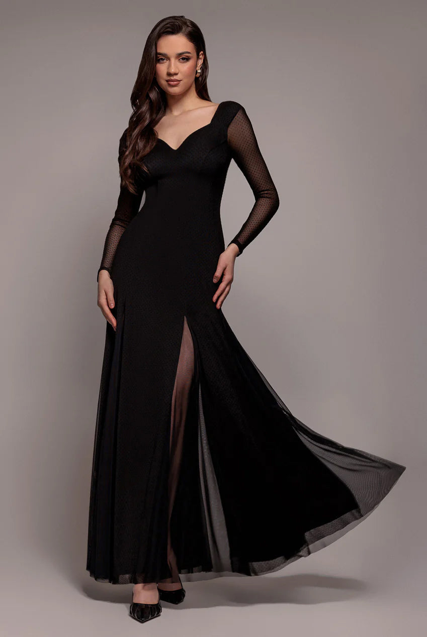 Goddiva DOBBY MESH INSERT LONG SLEEVE A-LINE MAXI DRESS BY GODDIVA