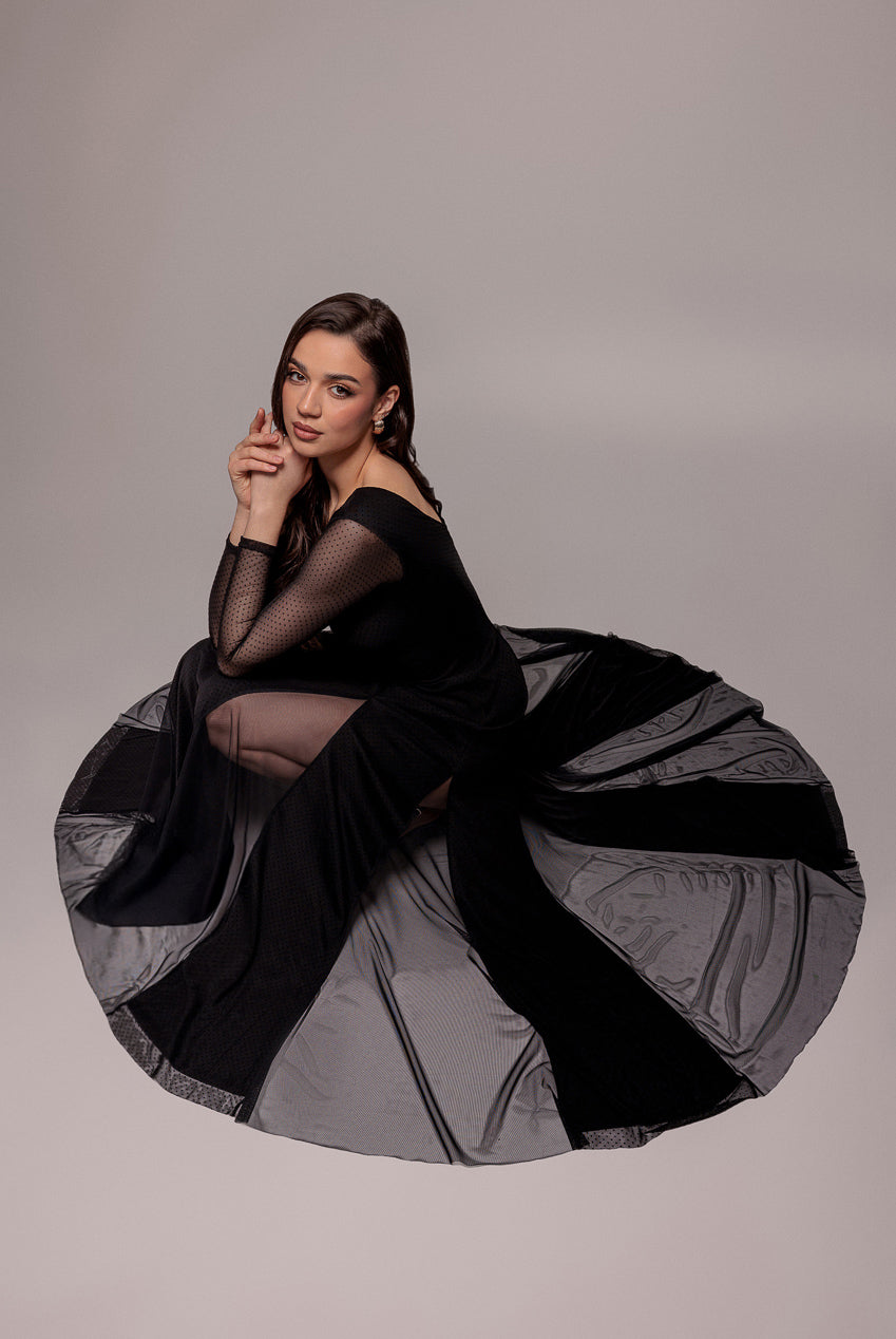 Goddiva DOBBY MESH INSERT LONG SLEEVE A-LINE MAXI DRESS BY GODDIVA