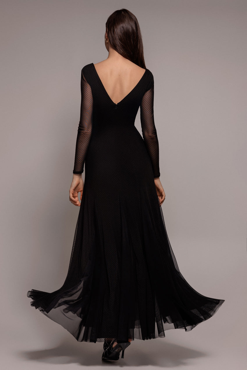 Goddiva DOBBY MESH INSERT LONG SLEEVE A-LINE MAXI DRESS BY GODDIVA