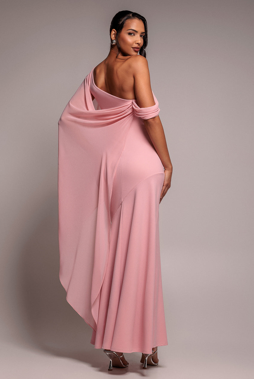 Goddiva One Shoulder Cape Scuba & Chiffon Maxi Dress