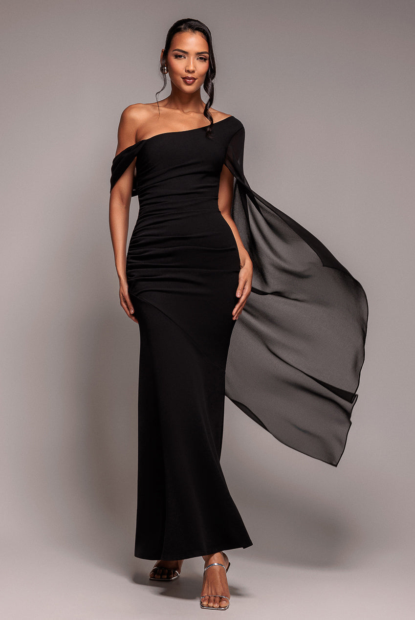 Goddiva One Shoulder Cape Scuba & Chiffon Maxi Dress
