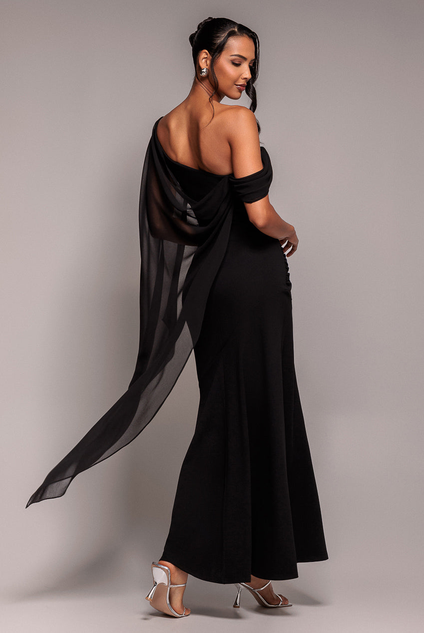 Goddiva One Shoulder Cape Scuba & Chiffon Maxi Dress