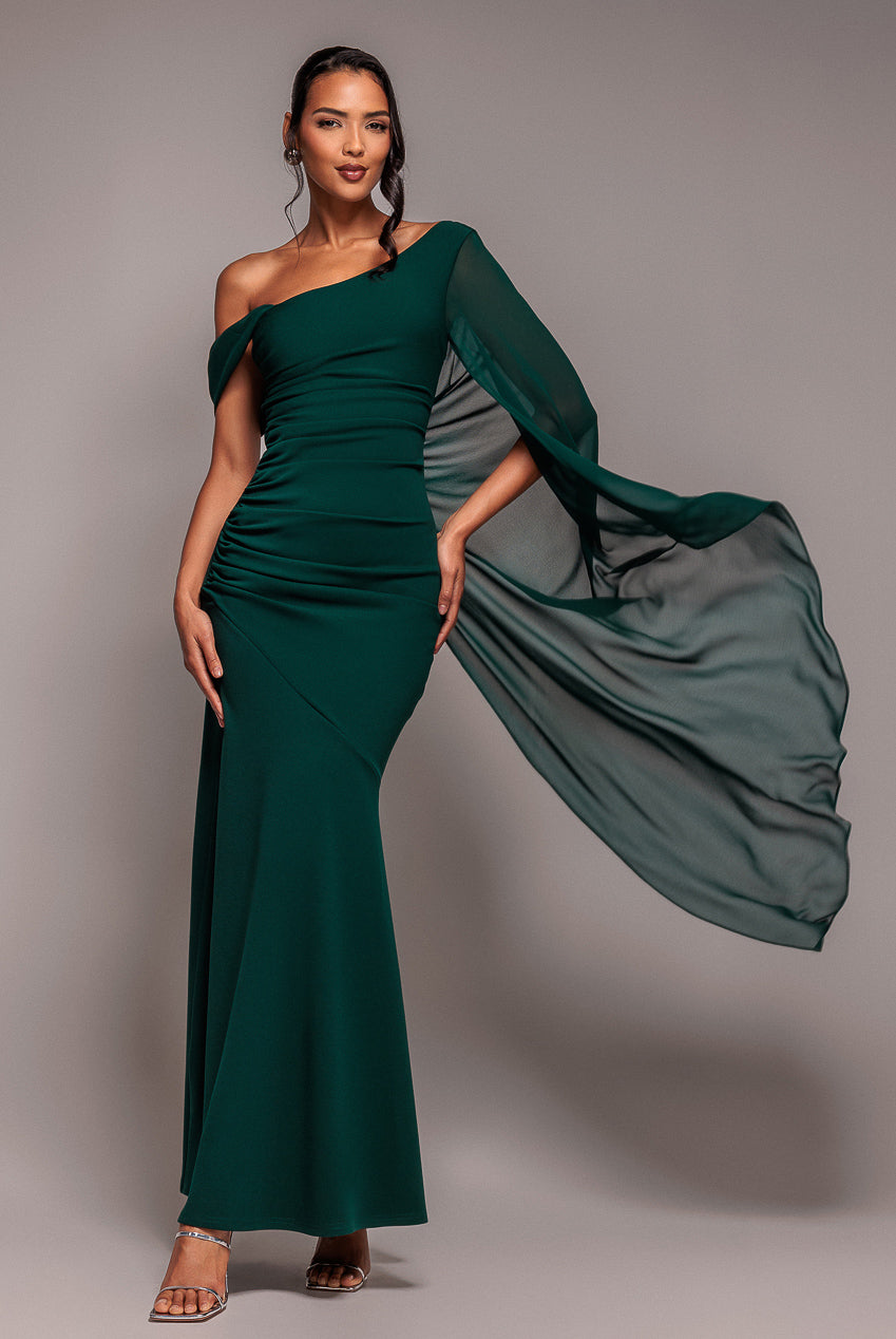 Goddiva One Shoulder Cape Scuba & Chiffon Maxi Dress