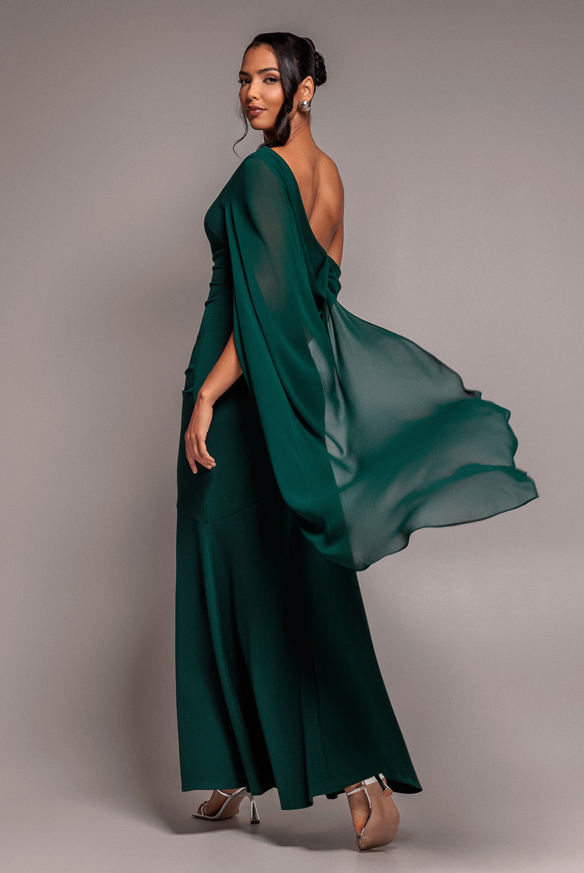 Goddiva One Shoulder Cape Scuba & Chiffon Maxi Dress