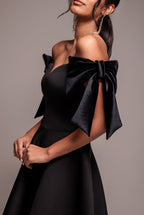 Goddiva Scuba Off The Shoulder Velvet Bow Skater Midi Dress