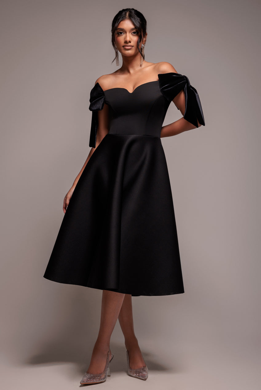 Goddiva Scuba Off The Shoulder Velvet Bow Skater Midi Dress