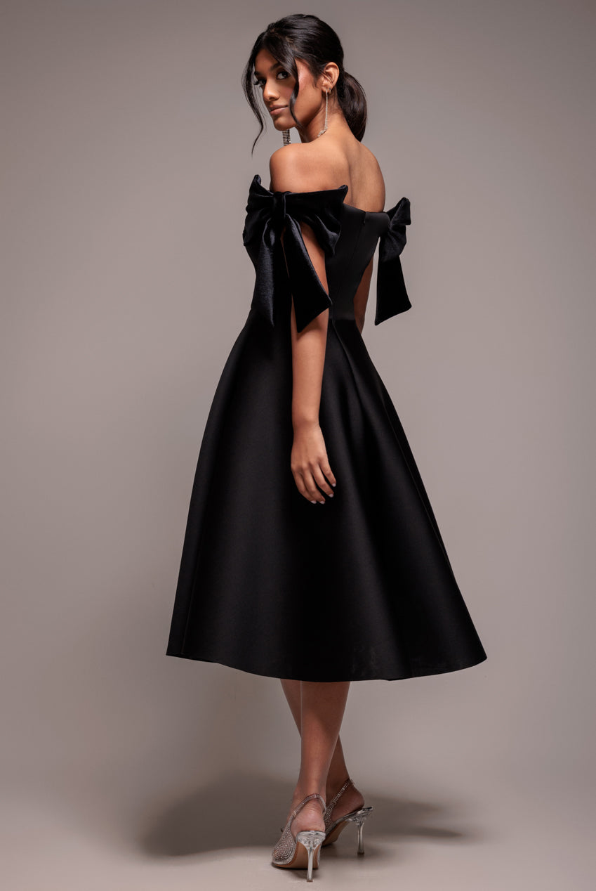 Goddiva Scuba Off The Shoulder Velvet Bow Skater Midi Dress