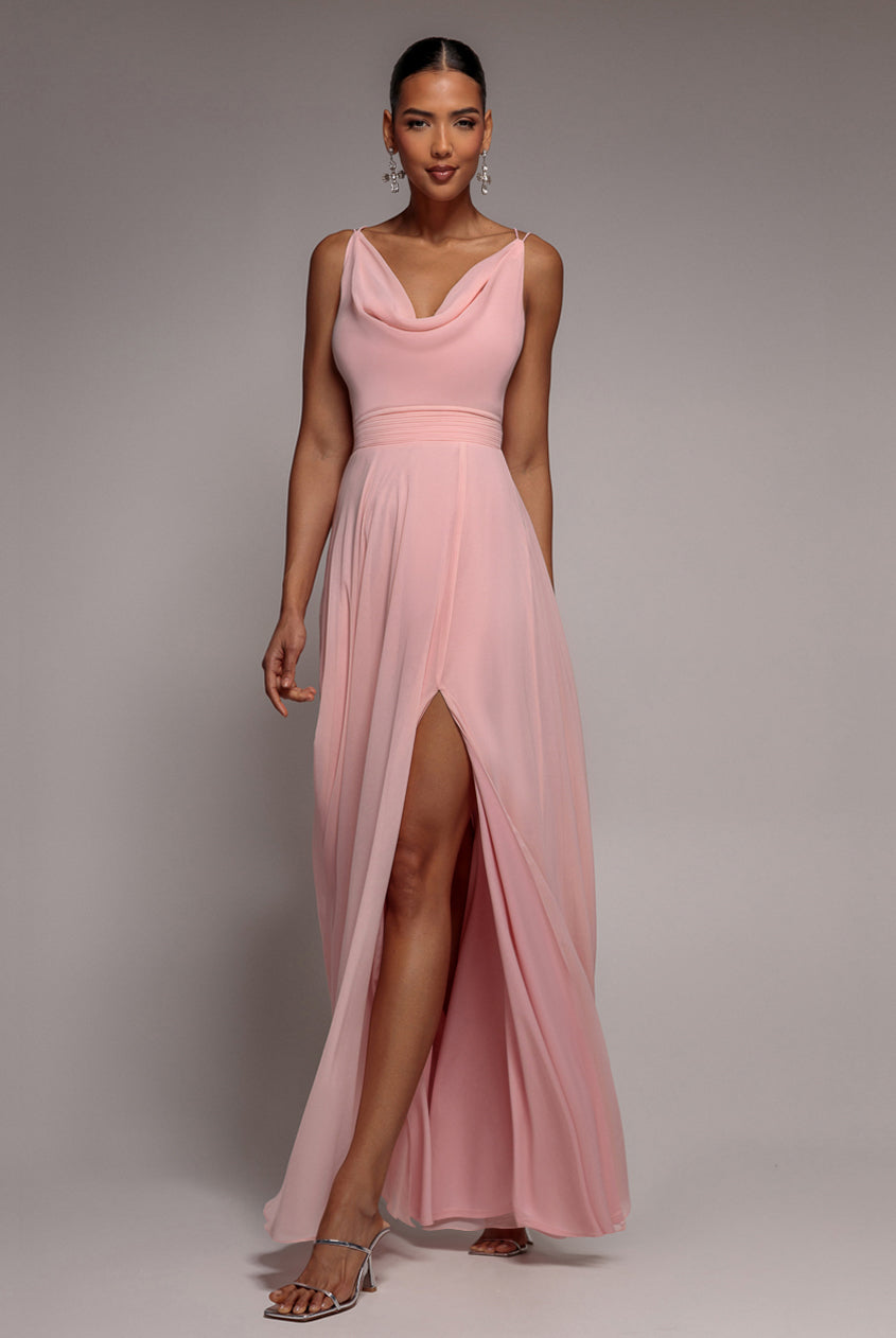 Goddiva CHIFFON COWL TWISTED ROPE STRAP LACE-UP FLARED MAXI DRESS