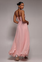 Goddiva CHIFFON COWL TWISTED ROPE STRAP LACE-UP FLARED MAXI DRESS