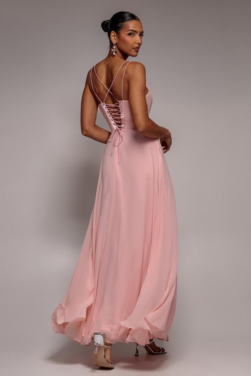 Goddiva CHIFFON COWL TWISTED ROPE STRAP LACE-UP FLARED MAXI DRESS